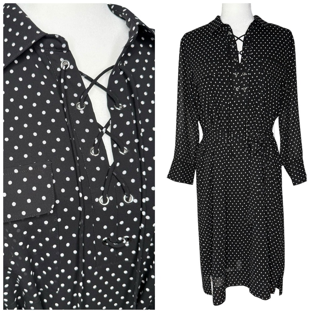 Tahari Dress 14 Shift Knee Length Layered Belted Lace Up Polka Dot Career Office